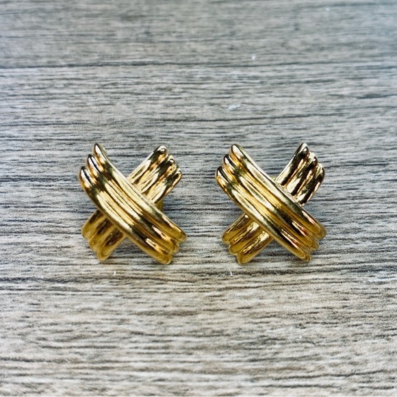 Vintage 80’s Napier Gold Tone Cross X Earrings Surgical Steel Post - Picture 4 of 6